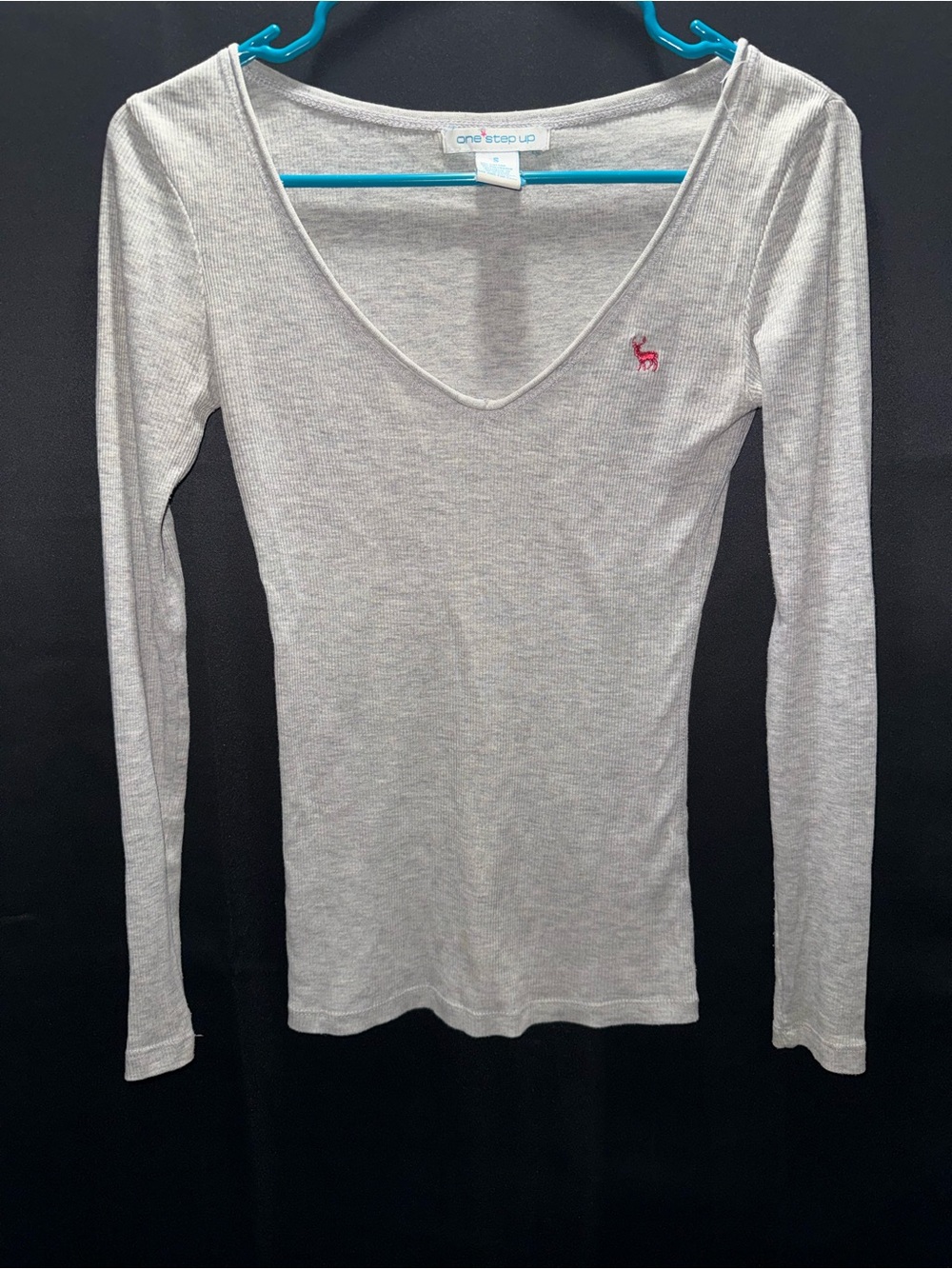 One Step Ahead Light Gray Long Sleeve V-Neck Top with Pink Logo